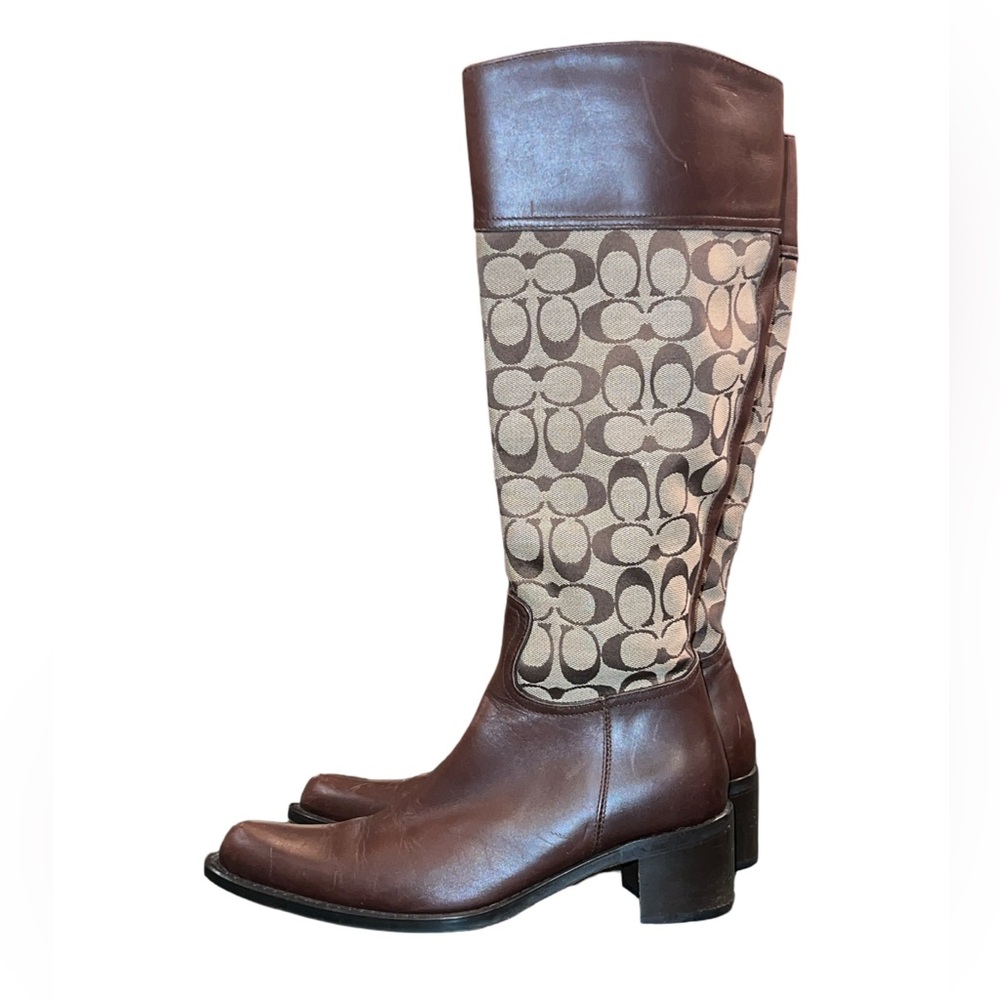 Coach Olivia P156 G2 Tall Monogram Leather Jacquard Boot Size 8 Brown Tan